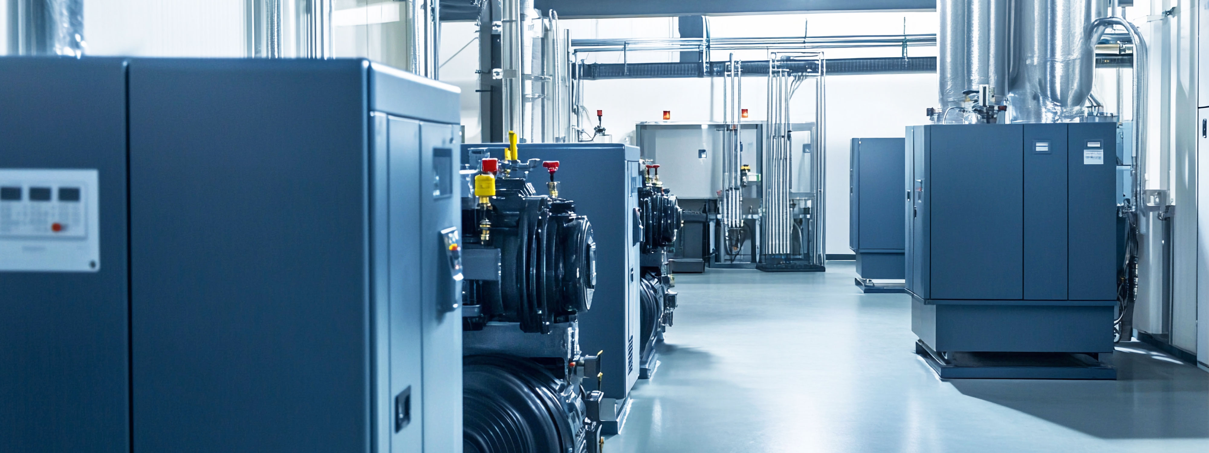 Mehrere Industriekompressoren im Technikraum eines Industriebetriebes