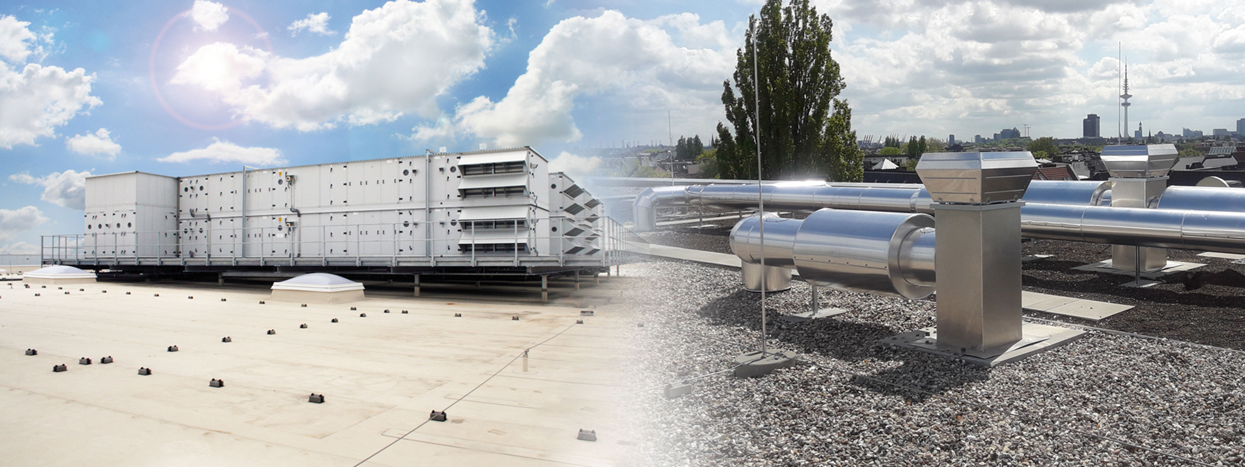 Das Bild ist eine Montage mehrerer Bilder und zeigt ein größeres Lüftungsgerät und Dachventilatoren auf dem Dach eines Industriegebäudes
